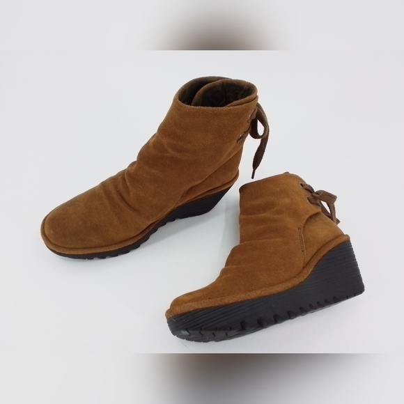 EUC Fly London LT BROWN Suede Wedge Platform Ankle Boots Tie Back Sz 38/7.5 - Picture 1 of 7